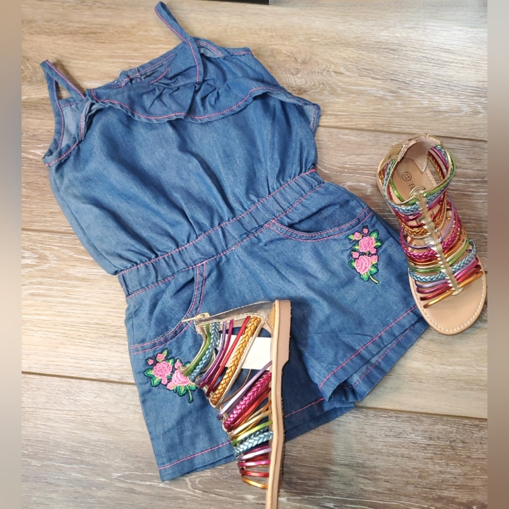 Limited Too denim shorts/romper with spaghetti straps and ruffle Sz 3T